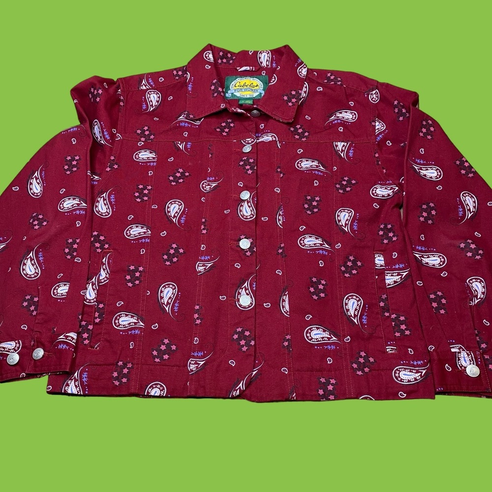 Cabela’s Womens Small Red Paisley Canvas Jacket Button Up Collared